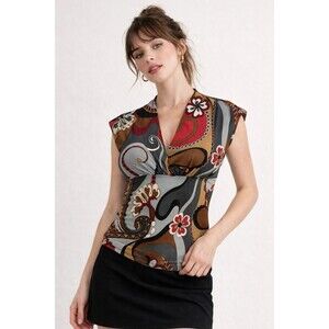 Georgiou Studio Y2K Abstract Floral Top XL Retro Swirl Cap Sleeve Stretch Blouse